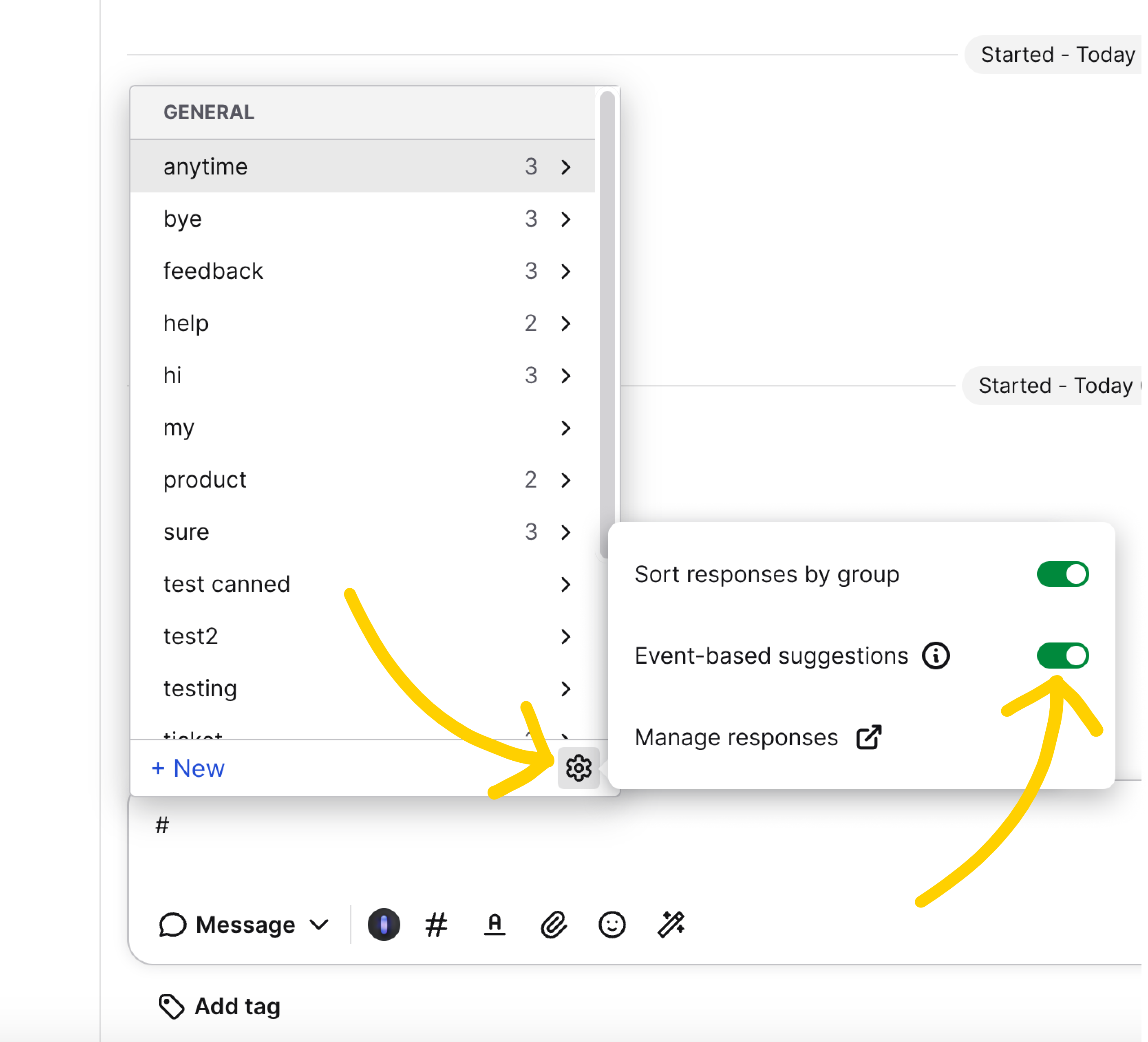 Canned response selector with the Settings opened. The toggle disabling suggested responses is indicated with an arrow.